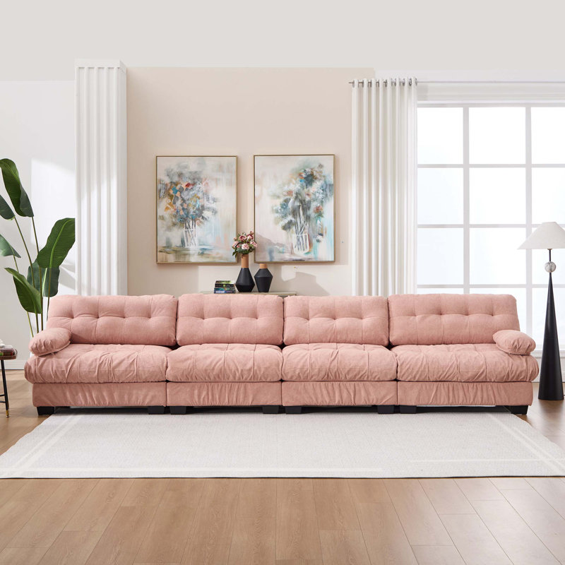 Canapé modulaire avec sièges profonds et accoudoirs ronds, Tissu rose, H 35 po x l 158 po x P 35 po, Symétrique