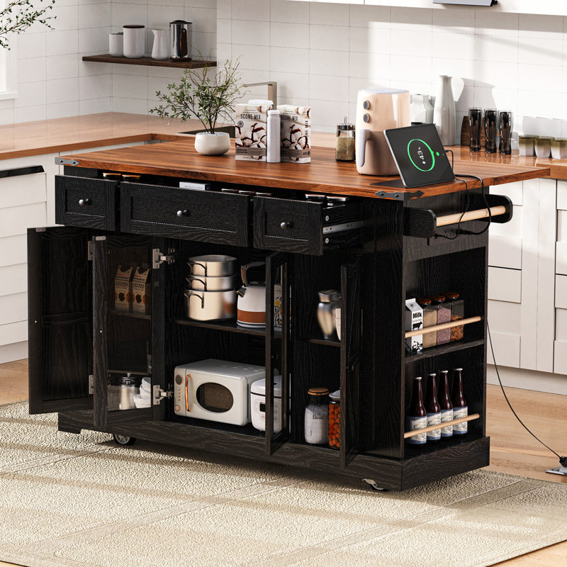 53'' Farmhouse Kitchen Island With Two Tempered Glass Cabinet Doors, Black