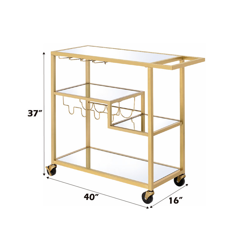 Chariot en miroir à finition champagne pour le service des boissons et des aliments, plateau et tablettes de miroir de 5 mm, cadre en métal, support pour bouteilles de vin / verres à pied, roulettes, 3 compartiments ouverts, capacité de poids de 70 lb, tablette de 40 lb