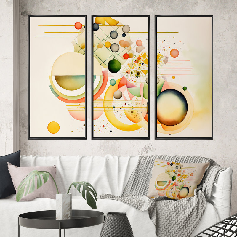 «Yellow Multi Shape Abstract VII», ensemble d'art mural moderne sur toile, Cadre noir, H 28 po x l 36 po x P 1 po