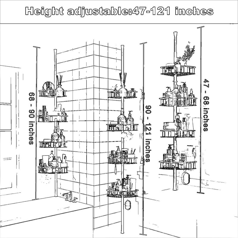 Serviteur de douche d'angle à poteau de tension réglable avec 4 tablettes antirouille, installation robuste sans perceuse pour l'organisation de la salle de bain, 47 à 121 pouces
