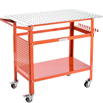 Ensemble de soudage en acier orange 40 po x 24 po, capacité de charge statique de 800 lb et dynamique de 600 lb, cadre haute résistance, 216 trous de fixation de 5/8 po, rangement à double niveau, porte-outils latéral, 11 crochets, 4 roues (2 avec