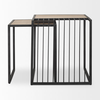  Contemporary Set of Two Natural and Black Sled Nested Tables