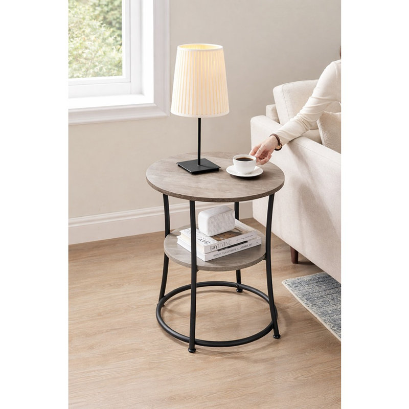Table d'appoint ronde, table de bout à 2 niveaux, table de chevet avec structure en acier et plateau spacieux pour les petits espaces, salon et chambre à coucher, avec 2 tablettes de rangement, table basse décorative (Heather Greige et noir encre, ULET56BG)