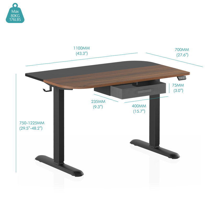 Bureau debout électrique à hauteur ajustable, H 48,2 po x l 43,3 po x P 27,6 po, Brun / noir