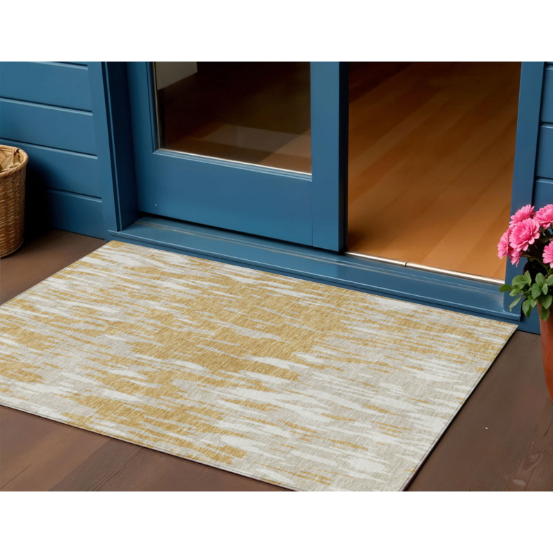 3' X 5' Gold And Ivory Abstract Washable Indoor Outdoor Area Rug