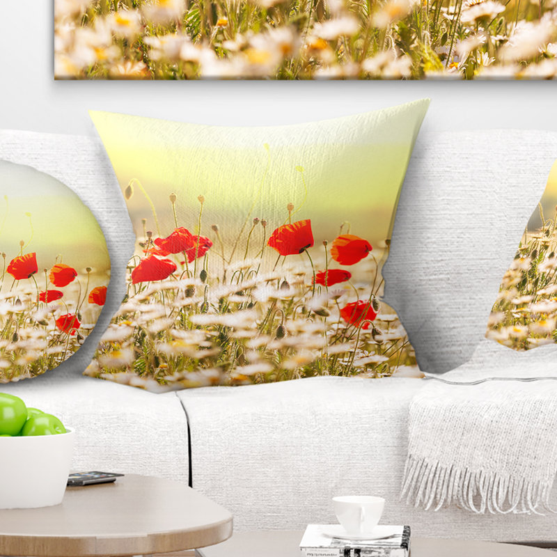 Wild Meadow avec coquelicots - coussin à imprimé floral, 16 po x 1 po, Coussin décoratif