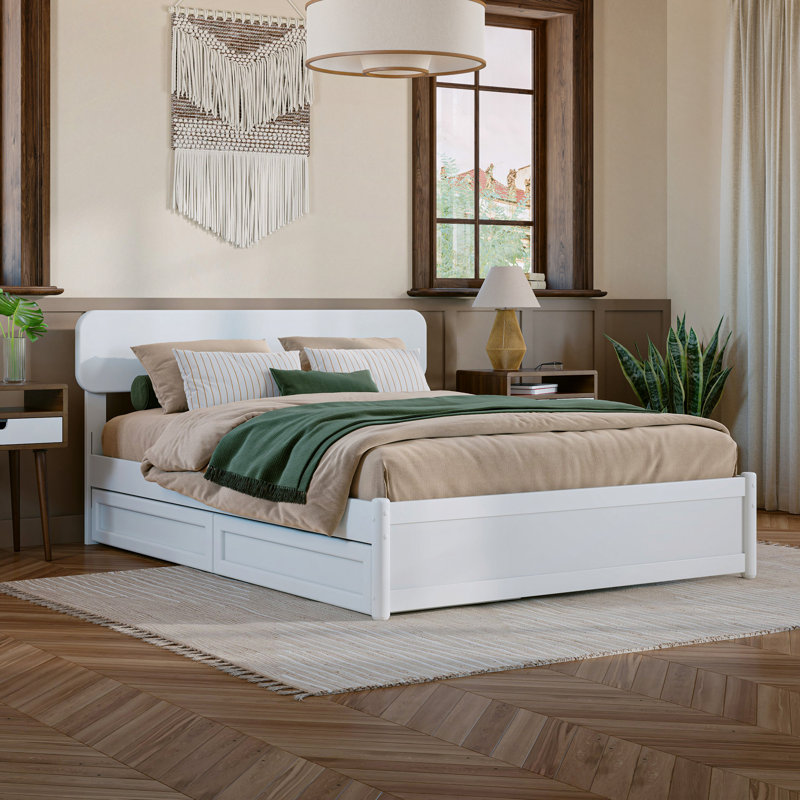 Ause Solid Wood Platform Storage Bed, White, Full