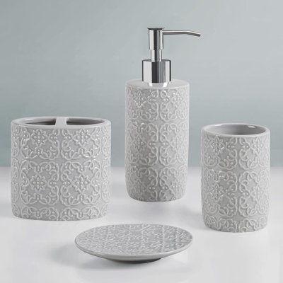 Ceramic Bathroom Set (Embossed Damask Medallion): Dispenser, Toothbrush Holder, Tumbler, Trinket Dish