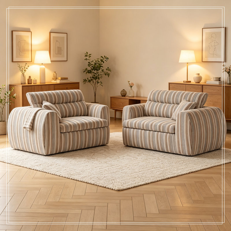 Chenille Striped Compression Sofa with 2 pillows, Brown+white