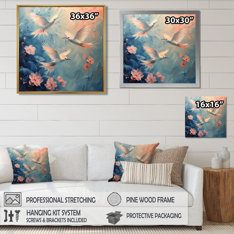 Blanc et rose, Paradise Cove Doves I - oiseau, art mural, Toile encadrée flottée blanche, H 16 po x l 16 po x P 1 po