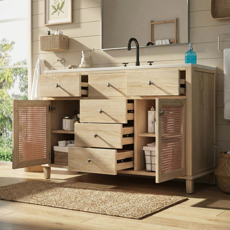 Meuble-lavabo en rotin naturel avec cadre en bois massif et lavabo en céramique de qualité supérieure