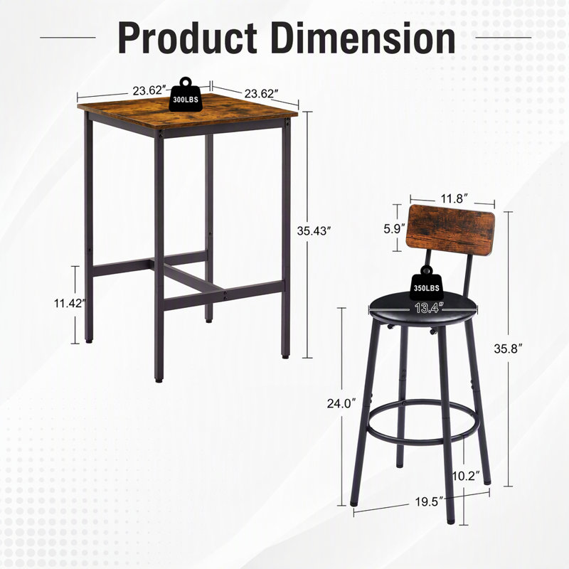 Ensemble de table de bar avec 2 tabourets de bar en polyuréthane avec dossier, brun rustique, l 23,62 po x P 23,62 po x H 35,43 po