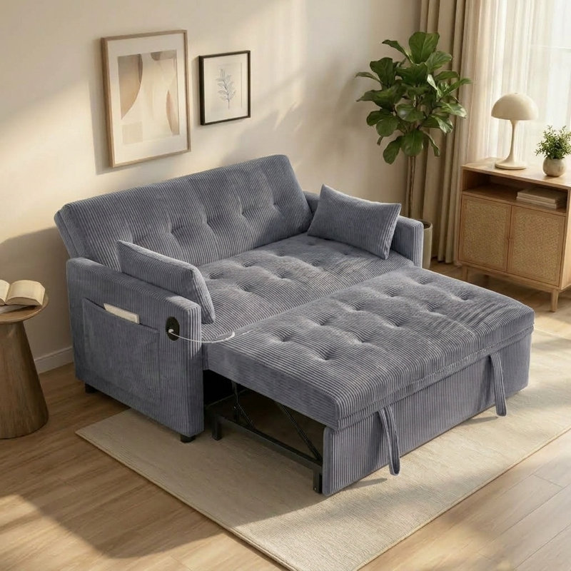 Canapé-lit convertible de 53 po avec lit gigogne, dossier réglable et ports de chargement USB, gris, Velours côtelé gris