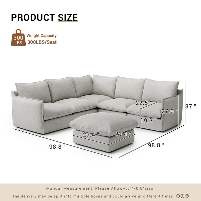 96.6" L-Shaped Cloud Couch, Linen Blend Spill-Proof Fabric Cloud Sectional Couches For Living Room, Convertible Modular Sectional Sofa With Deep Seats & High-Back, Removable Washable Sofa Covers