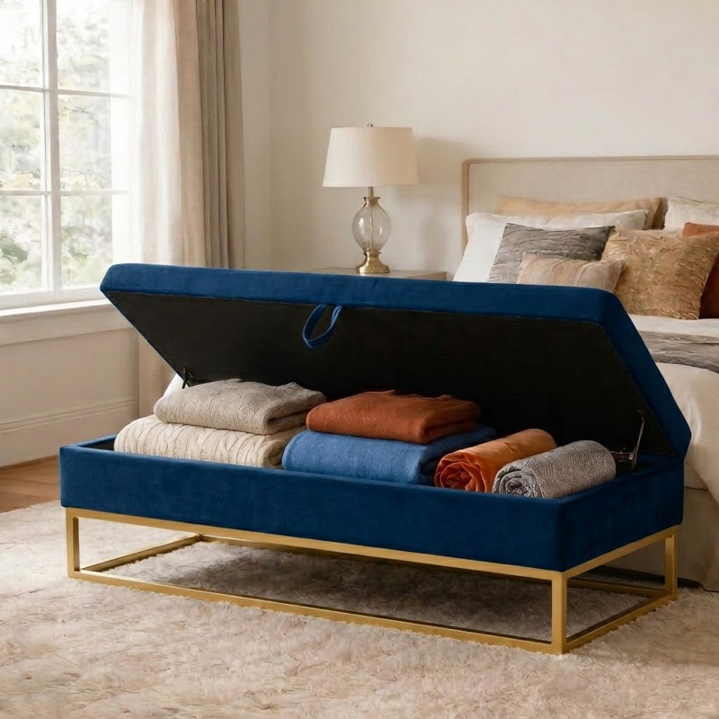 Maran Velvet Upholstered Storage Bench, Navy Blue