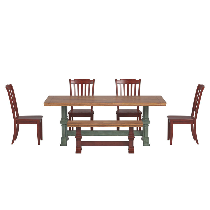 Fortville 78" Solid Wood Oak Finish Top Dining Set With Spindle Back Chairs 6-piece, Antique Sage Base Table, Antique Red Base Chairs and Bench