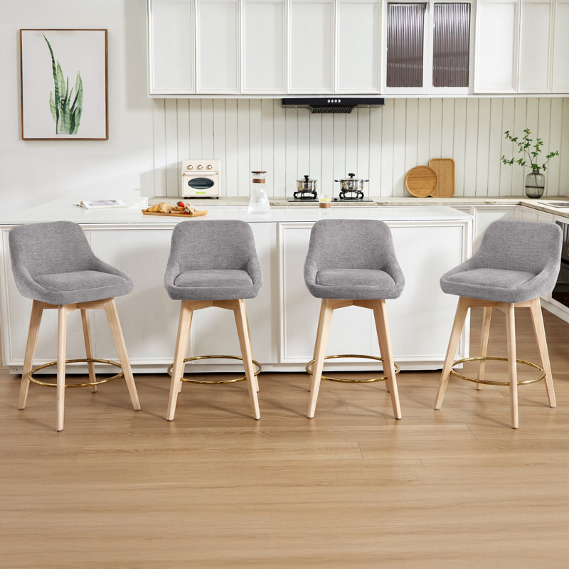 Tabourets de bar pivotants Ashwell de 26,8 po de style moderne du milieu du siècle, recouverts de lin, avec dossier incurvé, pieds en bois massif et repose-pieds en métal (ensemble de 4)