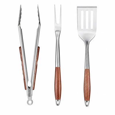 3-Piece Heavy-Duty Stainless Steel BBQ Grill Tools Set with Rosewood Handles, Heat Resistant Spatula Fork Tongs for Outdoor Cooking Camping Barbecue