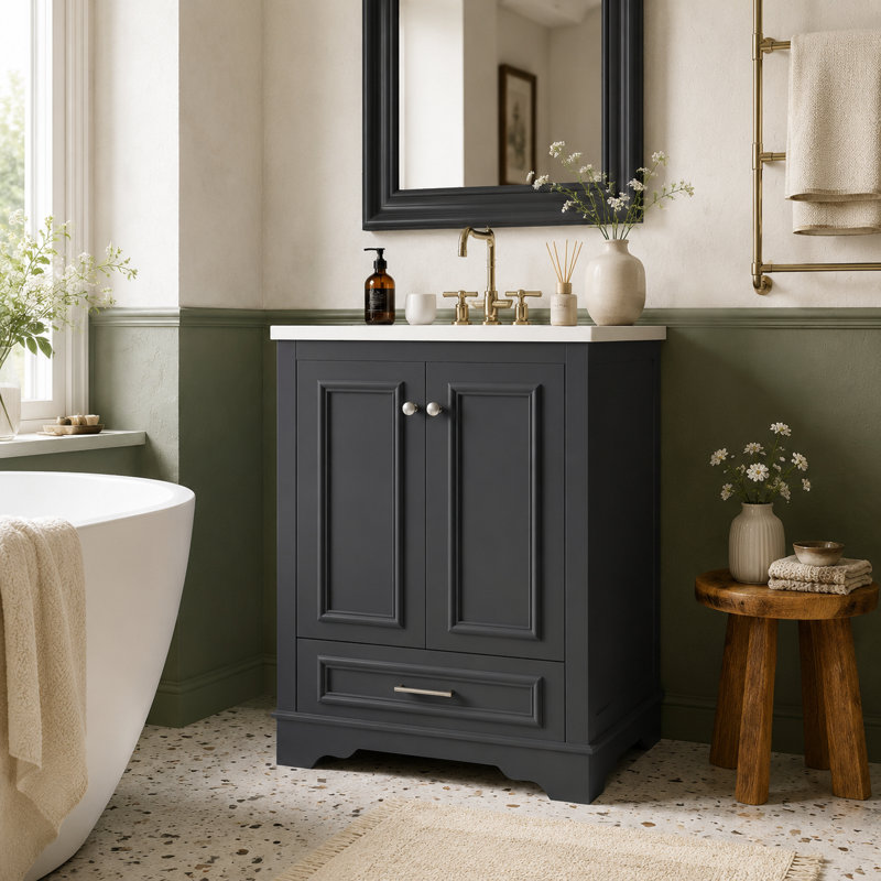 Meuble-lavabo autoportant gris anthracite mat, lavabo blanc et quincaillerie en métal argenté