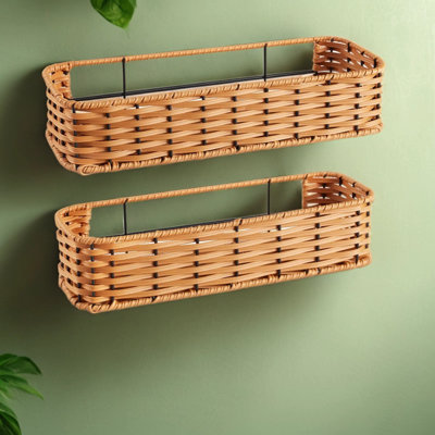 Panier mural suspendu, organisateur mural adhésif pour le rangement, tablettes en plastique tressées pour la cuisine, la salle de bain, le garde-manger, brun
