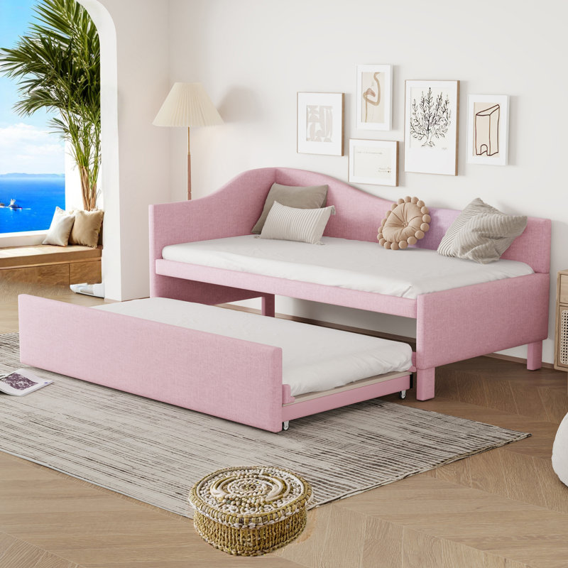 Upholstered Linen Daybed with Trundle Bed, Pink