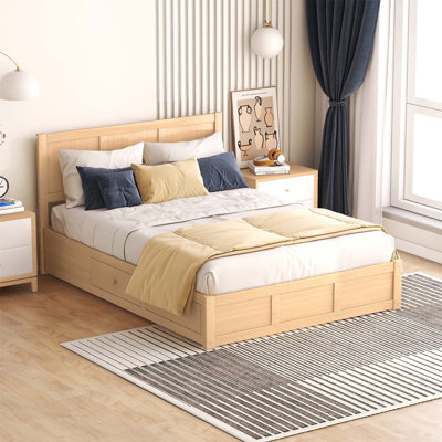 Full Size Wood Platform Bed with Underneath Storage and 2 Drawers, Natural Wood Colour for Space Efficiency