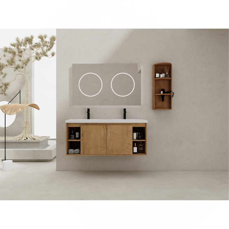 Meuble-lavabo mural 48 po avec double lavabo et support de rangement, portes à fermeture en douceur