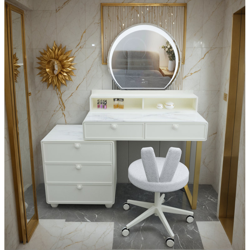 Elegant White Vanity Table With Led Mirror & Swivel Chair – Luxury Makeup Desk With Storage Mia Vanity With Mirror And Stool