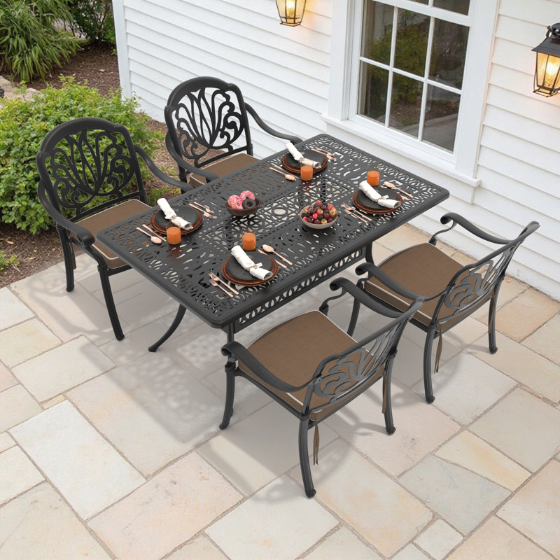 Sereen 5-Piece 58.27'' L 34.65 " W Rectangular Table Cast Aluminum Outdoor Dining Set with Umbrella Hole and Brown Cushions