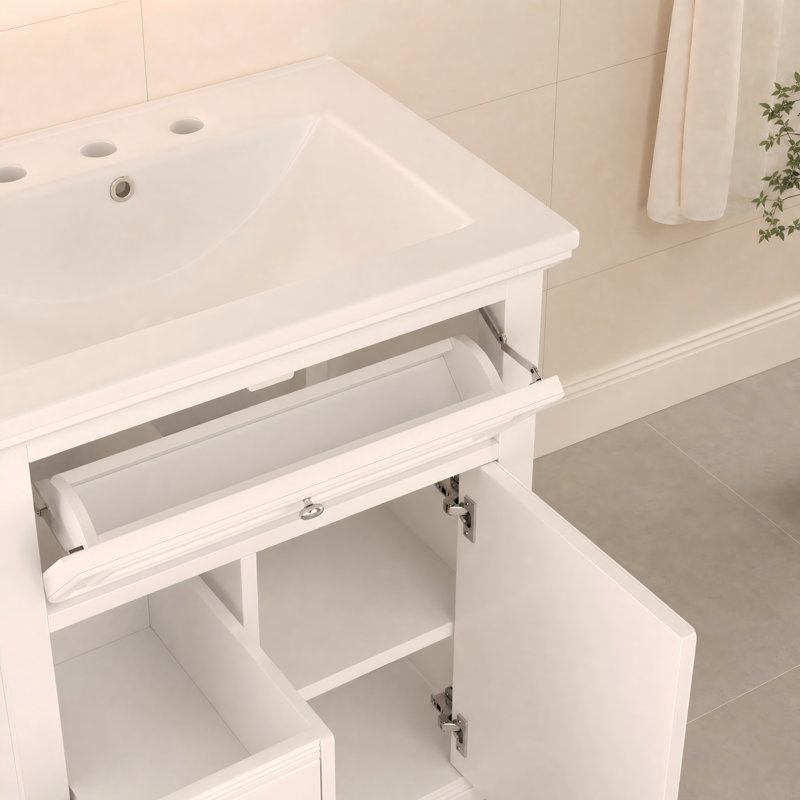 Meuble-lavabo autoportant de 61 cm (24 po) avec lavabo, structure et pieds en bois massif, 1 tiroir à charnière et 2 tiroirs, tablette intérieure réglable intégrée, blanc