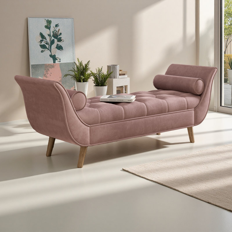 Upholstered Velvet Bench, End Of Bed Bench With 2 Pillows, Upholstered Button Tufted Ottoman,Footstool With Rolled Arms, Pink