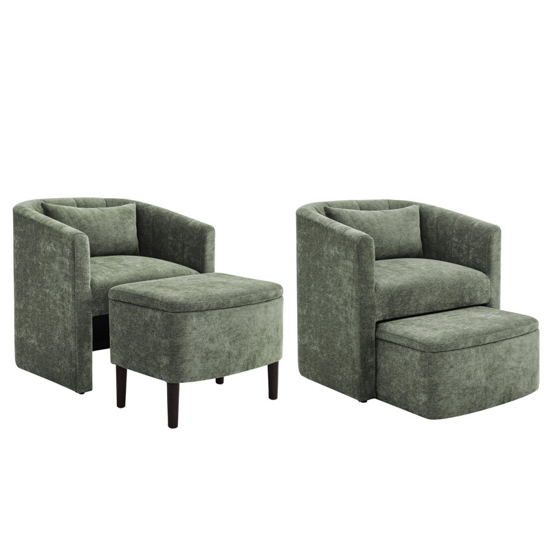 Lane Accent Barrel Chair With Storage Ottoman (Set of 2), Grayish Green Chenille