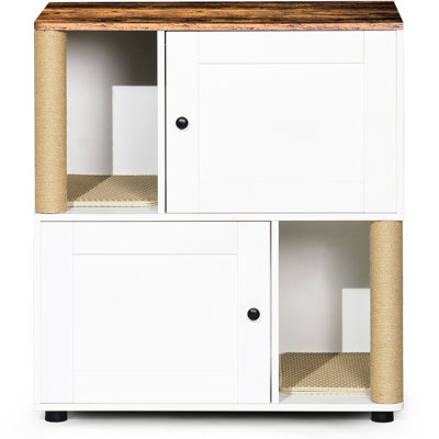 Double Cat Litter Box Enclosure With Shelves - White + Vintage For 2 Cats, Layer Design, Fit Most Boxes, Space, Scratching Post, Leakage Mat, High Standard Particle Board, Easy Installation & Shelf,