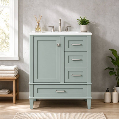 Meuble-lavabo de salle de bain de 76 cm (30 po) avec comptoir en céramique, porte à fermeture amortie et 3 tiroirs compartimentés à fermeture amortie, étagères de rangement montées sur la porte