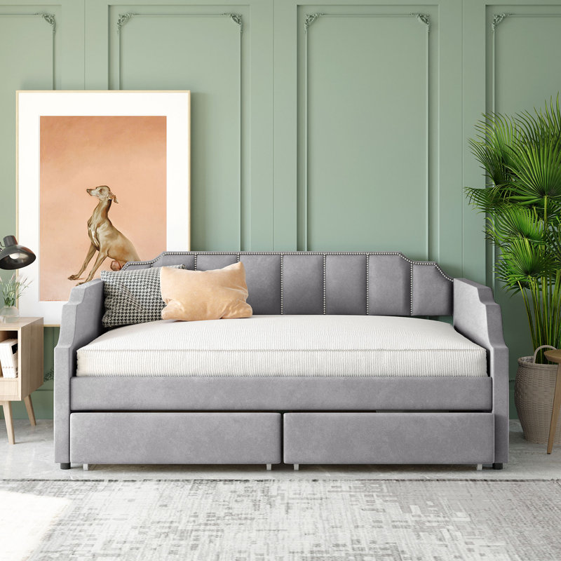 Lit de jour simple tapissier avec tiroirs, gris