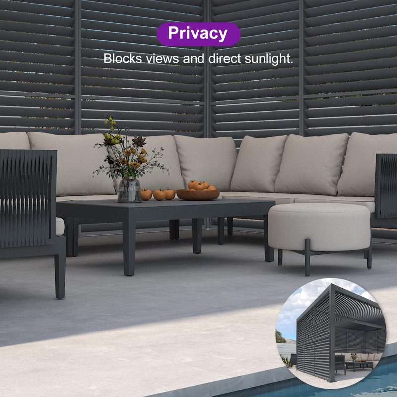 Purple Leaf Louvered Pergola 94as Outdoor Aluminum Pergola With Fixed Shutter Wall Adjustable Roof For Deck Backyard Grey Hardtop Gazebo, 1 Long Side