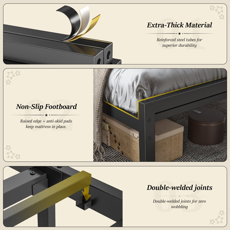 Metal Bed Frames With 2-Tier Storage Headboard And LED Light,No Box Spring Needed, Noise-Free,Easy Assembly, King , Black 