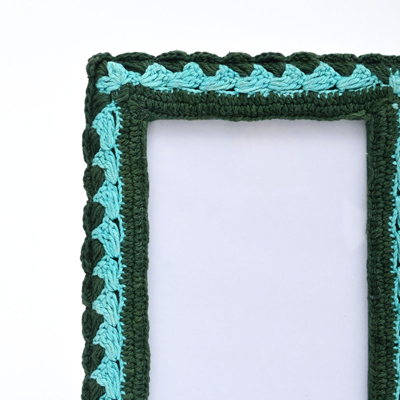 Handmade Multi-Colour Crochet Photo Frame for 4" x 6" Pictures - Boho Decorative Tabletop Frame, Green/Teal
