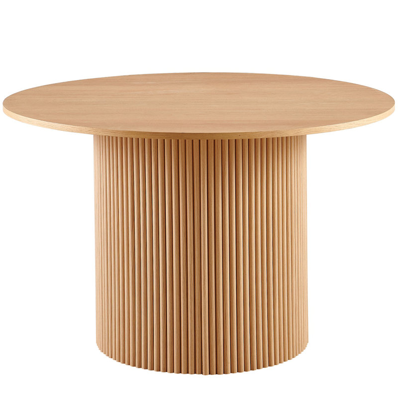 Walnut Wood Veneer Tabletop 47 Inch Round Dining Table For 4, Modern Farmhouse Kitchen Table, 47 Inch Round Dining Tables With Wood Strip Base