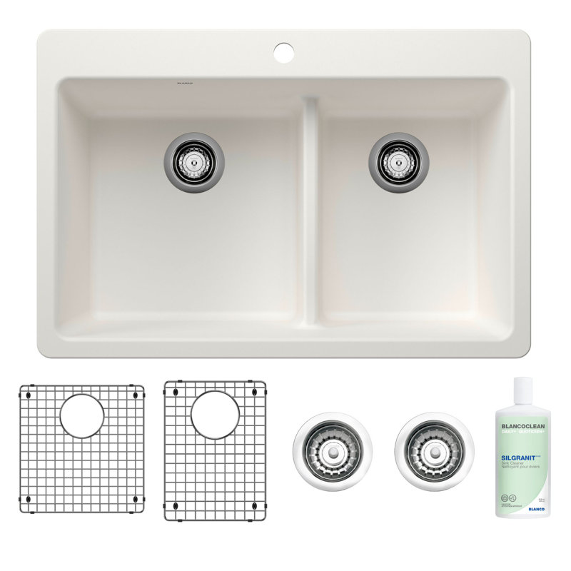 BLANCO 33" 60/40 Double Bowl Drop-In/Undermount Silgranit Kitchen Sink With Cleaner, Sink Grids And Basket Strainers In White
