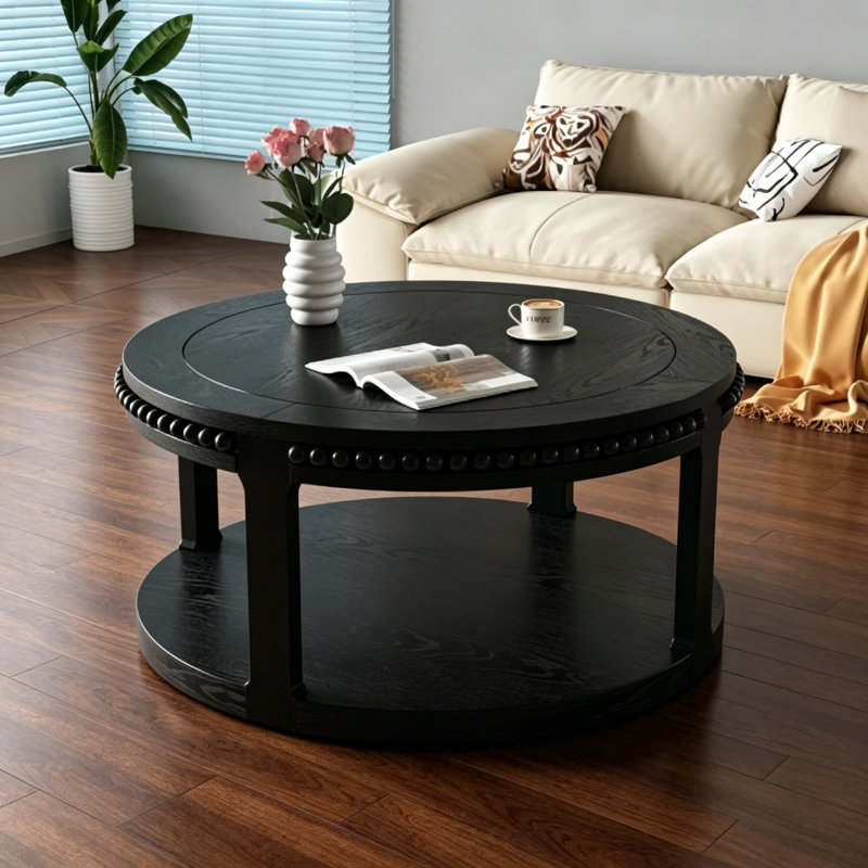 2-Tier Round Coffee Table, Solid Wood End Table with 4 Legs, 100 lbs Per Tier, High-Gloss Lacquer Finish, Easy Assembly for Living Room