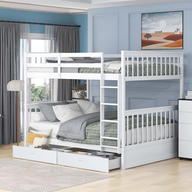 Lit superposé en bois avec échelles et 2 tiroirs de rangement, Blanc