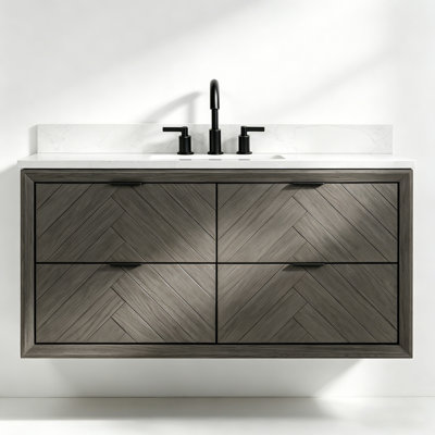 48" Floating Single Sink Solid Wood Gray Oak Transitional Bath Vanity with Engineered Marble Top