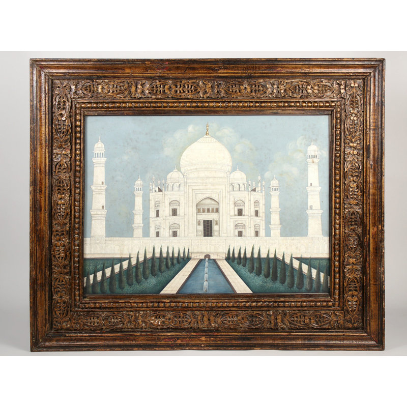Énorme peinture du Taj Mahal encadrée dans un cadre en teck rétro | Huile sur toile et bois de teck