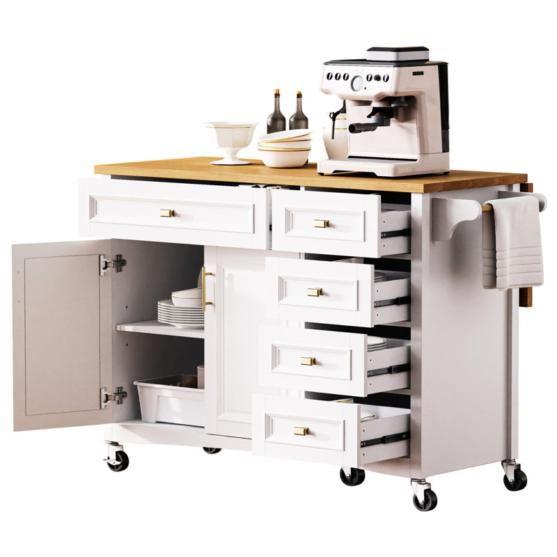 White Kitchen Storage Island With Drop Leaf. Detail, Spice Rack, Towel 2 Doors, 5 Drawers, Adjustable Shelf For Chic Modern Luxury Coastal Functionality Mobile Texture,