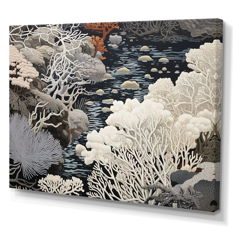 «Black and White Abstract Corals River IV», reproduction sur toile, Toile tendue, H 16 po x l 32 po x P 1 po