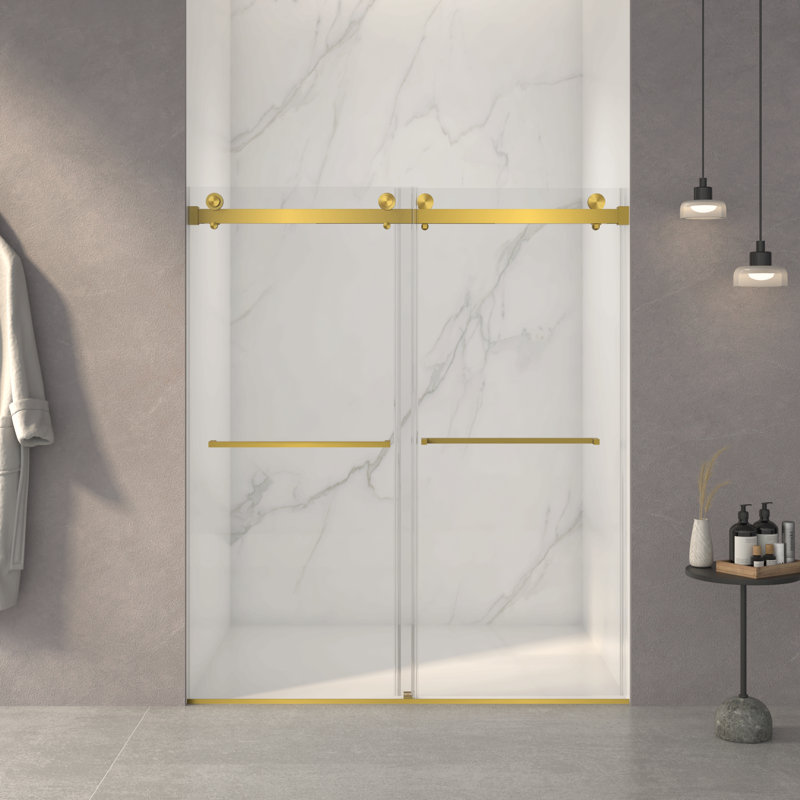 Porte de douche coulissante double sans cadre l 56 à 60 po x H 70 po, verre trempé clair Sgcc de 5/16 po (8 mm) d'épaisseur, couche facile à nettoyer à double face, finition or brossé avec tampon