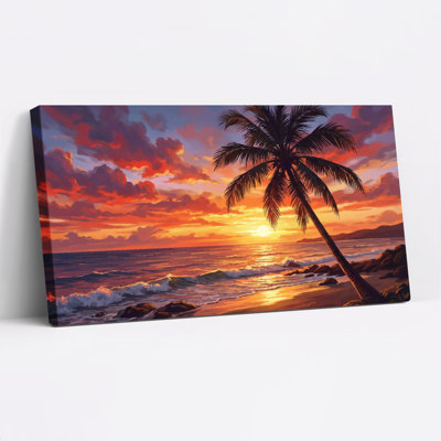 Tropical Sunset Palm Tree Canvas Wrapped Wall Art Oil Painting Print Set Of 1
