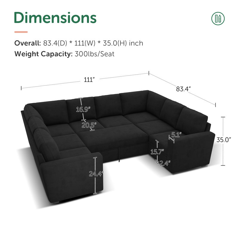Niyona U-Shaped Modular Sofa Bed Convertible Sleeper Sectional, Black Velvet